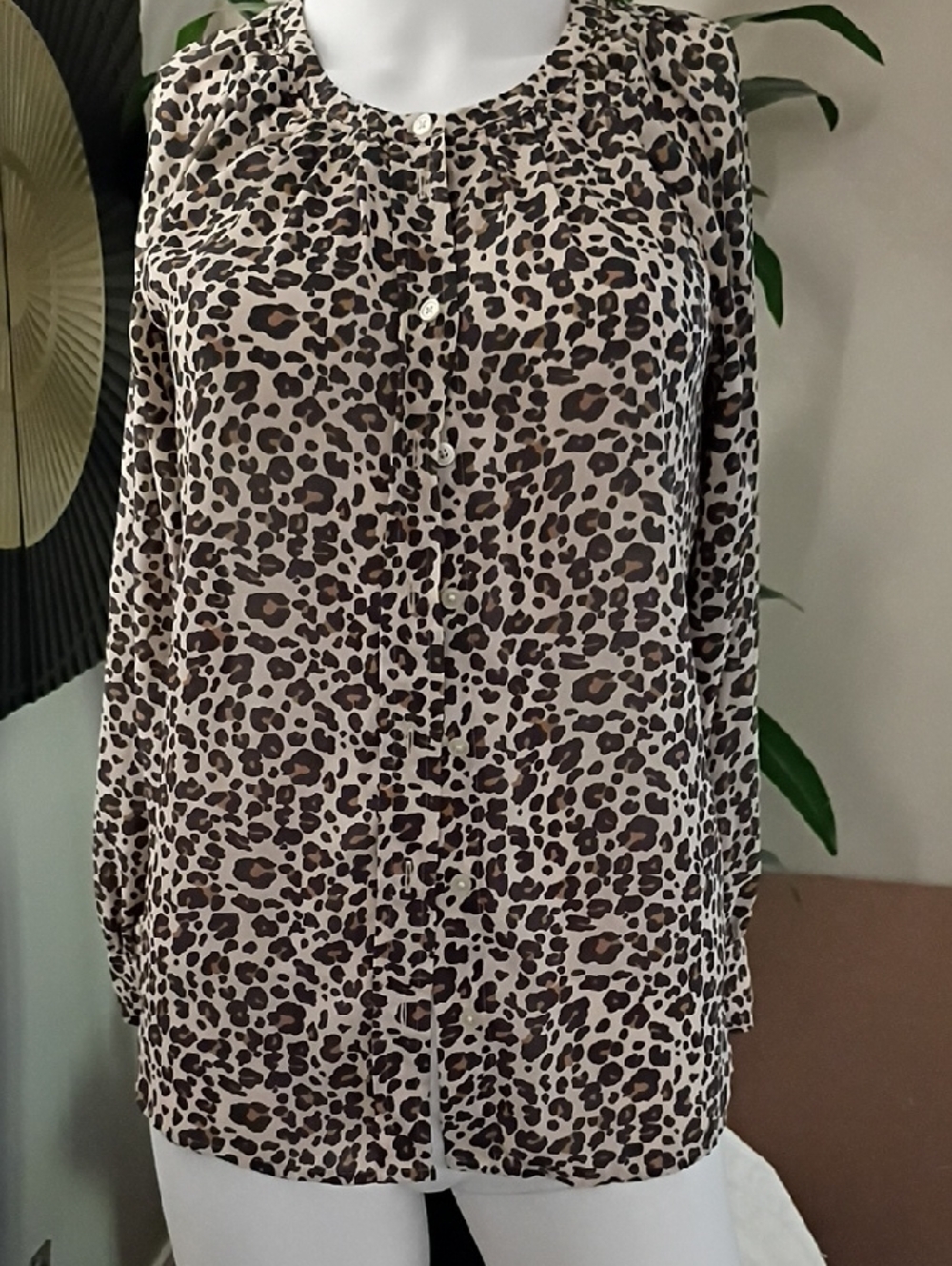LOFT Leopard-Print Button Front Blouse in Brown and Cream